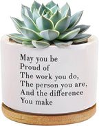 May You Be Proud of The Work You Do Inspirational Gift Ceramic Succulent Plant Pot with Tray Coworker Leaving Motivational Gifts Home Decor Plant Lover 3.5 Inch White (No Plants) (with Bamboo Tray)