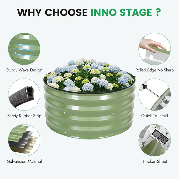 INNO STAGE 3 Pcs Round Galvanized Raised Garden Bed — 2×2×1ft Planter Box Outdoor Raised Beds Kit for Gardening Vegetables, Fruits, Herbs, and Flowers, Olive Green