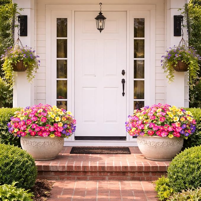 Artificial Flowers for Outdoors, 8 Bundles Faux Silk Spring Flowers for Outside for Planter Front Door Porch Yard Patio Window Box Home Decor (8pcs-4color)