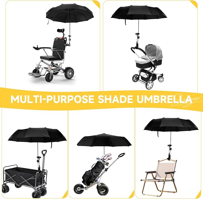 Chair Umbrella with Universal Clamp, Double Canopy Sunshade, Adjustable 360° Swivel, UPF 50+ UV Protection, Clip On Umbrella for Beach Chair, Camping Chair Patio, Stroller, Wheelchair Golf Cart 100cm/39.4in