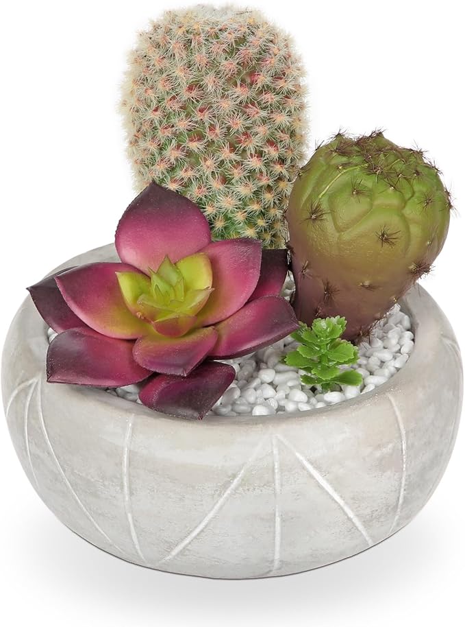 Artificial Cactus Plants Indoor, 5.5" Assorted Small Faux Purple Succulent in Pots Fake Potted Desk Plant with Concrete Bowl Succulents Artificial Cactus Decor for Home Office Bathroom Table Shelf