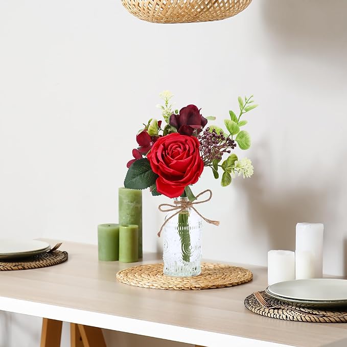 AFRITEE Artificial Flowers with Vase - Small Red Fake Plants Faux Silk Flower Arrangement in Vase for Home Decor for Indoor Dining Living Room Coffee Wedding Table Centerpieces