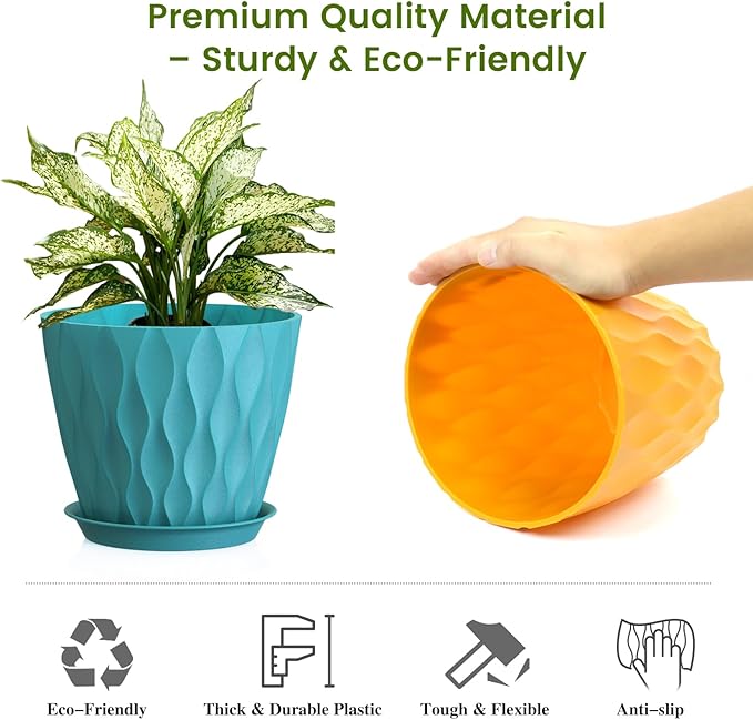 UOUZ 8 Inch Plant Pots, 4 Pack Plastic Planters for Indoor Outdoor with Drainage Holes & Saucers, Waffle Texture Flower Pots for Indoor Plants, Indoor Plant Pots for Monstera, Fiddle Leaf Fig Colorful