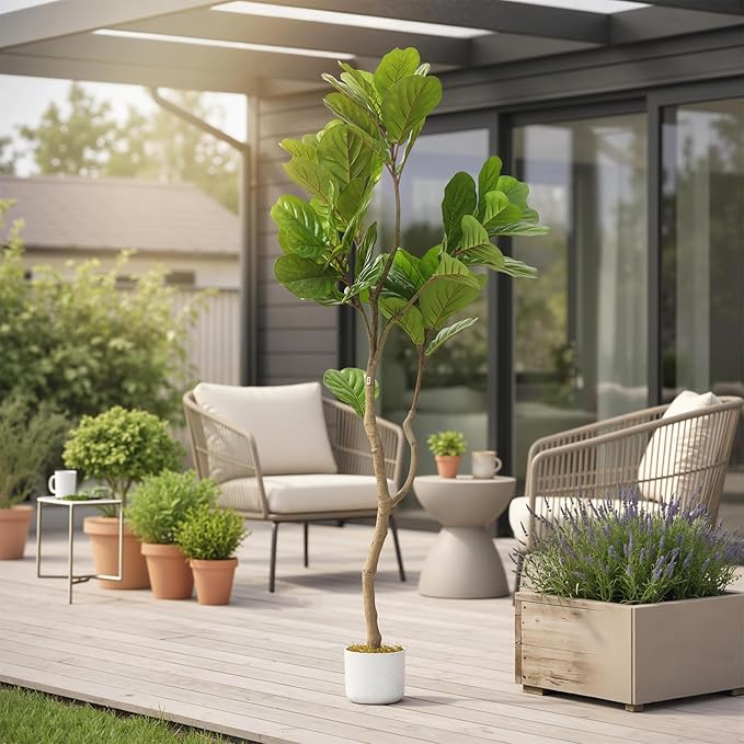 Garvee 5FT Artificial Fiddle Leaf Fig Tree in Pot, Evergreen Floor Plants for Living Room Decor, Large Potted Fake Fig Trees Tall Fake Plant for Office Entryway Front Door
