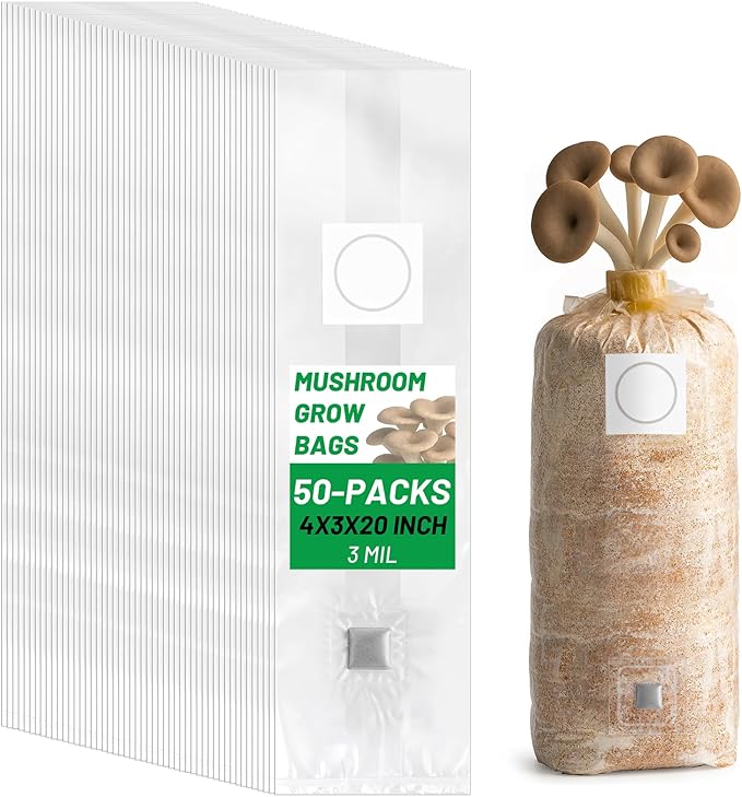 GREANER 50 Packs Mushroom Grow Bags, 3 Mil 4"x3"x20" Thick Durable Spawn Bag with Injection Ports, 0.2 Micron Porosity Resistant High Pressure Mushroom Growing Supplies