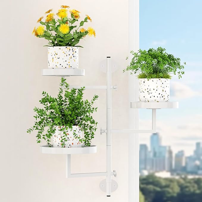 Wall Mount Plant Holder Outdoor Rotating Window Plants Shelves Metal Wall Plant Stand 3 Tier Wall Planters for Indoor Plants, for Outdoor, White