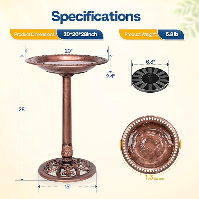 VIVOHOME Bird Bath with Solar Fountain for Outside, Polyresin Pedestal Bird Baths with Solar Powered Pump for Outdoor, Garden, Weather-Resistant Birdbaths with 20" Bowl, Bronze