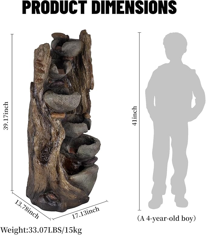 Solarbloom 39.2" H Water Fountain Outdoor, Cascading Realistic Rock Tree Trunk Waterfall Fountains with LED Lights for Garden Patio Backyard Porch Home Decor