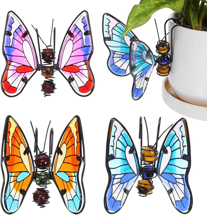 Toddmomy 3Pcs Butterfly Decorations for Plant Pots, Metal and Glass Butterfly Pot Huggers for Garden Decor, Colorful Outdoor Plant Ornaments for Patio & Spring Yard Art, Gift for Women