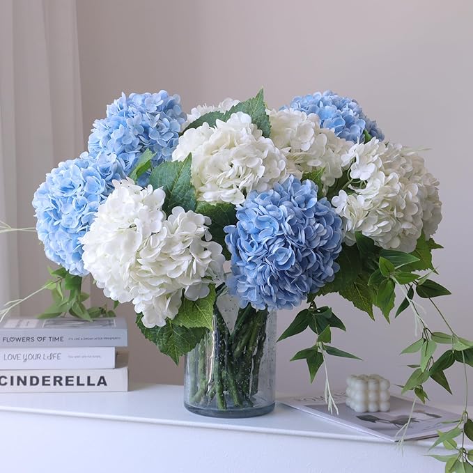 Buart 3PCS Long Stem Big Size Flowers Artificial Silk Hydrangea Lifelike Flowers Real Touch White Artificial Flowers Wedding Shower Bride Bouquets Office Living Room Table Decorations (21 Inch)