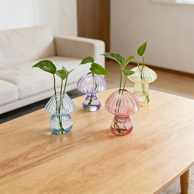 Bunmery Window Propagation Stations, 4 pcs Colored Mushroom Plant Propagation Station with Suction Cups, Easy to Install Window Hanging Planer, Indoor No Nails Glass Vase Terrarium for Plants&Flowers