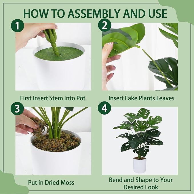 GTIDEA 2 Pack Fake Plants Artificial Monstera Deliciosa Plants in White Pots, 28'' Tall Fake Tropical Palm Tree with Greenery Leaves, Artificial Plant for Home Decor Indoor Living Room House Office