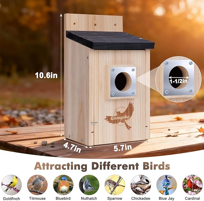 2 Pack Bird Houses for Outside, Bluebird Nesting Box with Metal Predator Guard, 1-1/2" Entrance Hole Wooden Birdhouse Kit for Bluebird Chickadees, Swallows & Finches, Assembly Required
