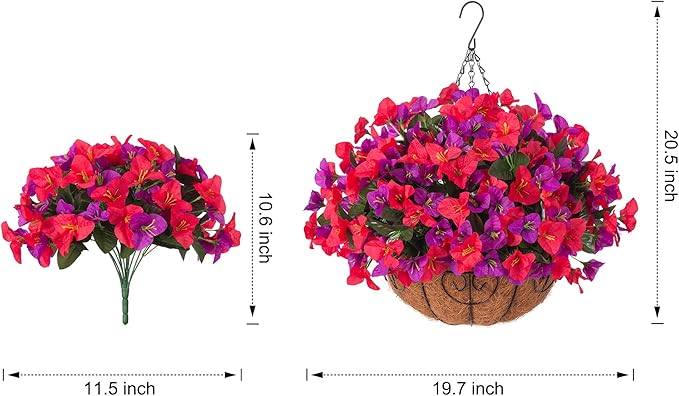 Artificial Hanging Flowers Plant with Basket for Outdoors Spring Decor, Fake Hanging Plants Silk Bougainvillea in Planter Look Real UV Resistant Faux Flower for Outside Porch Patio Garden Home, Mix