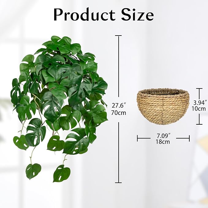Large Fake Hanging Plants in Pot for Indoor & Outdoor, Long Artificial Hanging Monstera Plants, 27.6" Fake Potted Vines Ivy Greenery Plant for Room Wall Shelf Decor Living Room Bathroom Patio Porch