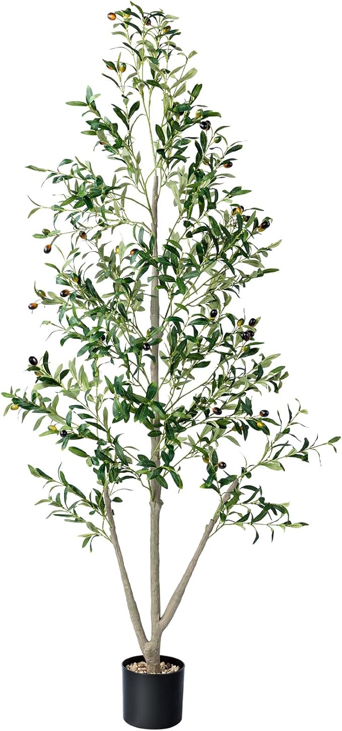 Olive Trees Artificial Indoor, 6FT Tall Faux Olive Tree with Moss and Planter, Artificial Plants Indoor with Natural Wood Trunk and Lifelike Fruits, Fake Tree for Home Office Living Room Decor