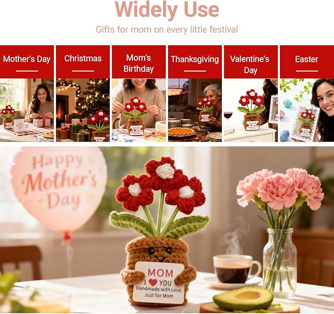 COLTUPWZ Handmade Crochet Red Flowers Birthday Gift for Mom | Mother's Day Gift, Remember I Love You MOM Emotional Support Gift for Mom from Daughters | Home Decor for Living Room, Office