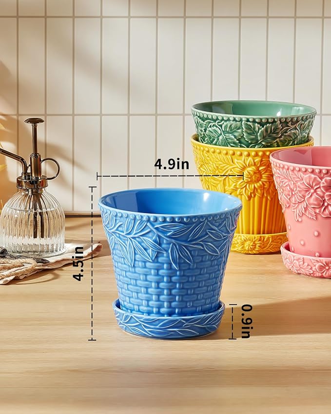 Metahom Ceramic Plant Pots, 4.9 Inch Flower Pots with Drainage Hole & Saucer, Colorful Planter Pots for Indoor Plants, Small Pots for Succulent, Catus, Home Decor, Set of 4, Assorted Colors