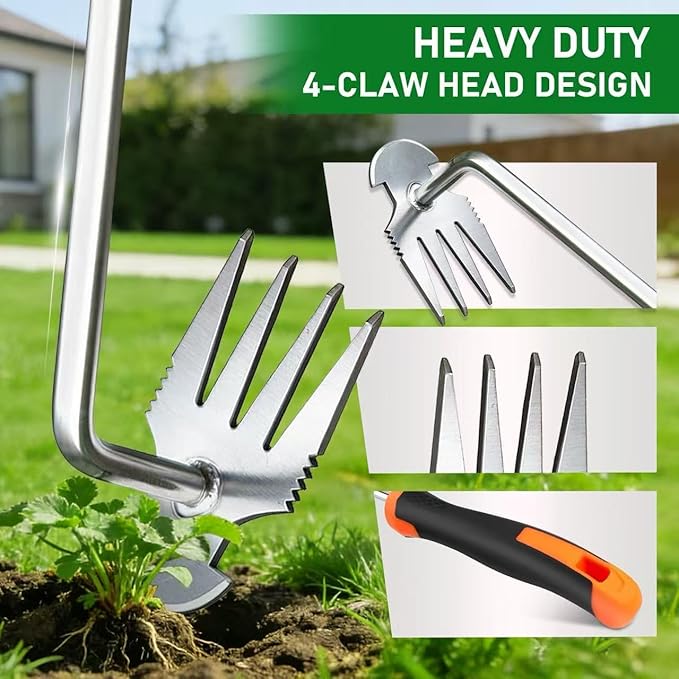 Weed Puller Tool, 2-in-1 Hand Weeder Tool with 4 Sharp Tines & Blade, Manganese Steel Garden Weed Remover, Ergonomic Handle Weeding Tool for Lawn, Yard,Vegetable Garden, Dandelion &Thistle Root Puller