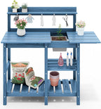 SERWALL Outdoor Potting Bench 2-Piece Set, Rot-Resistant HDPE Potting Table with Removable Sink for Outside Gardening, All-Weather Use - Blue