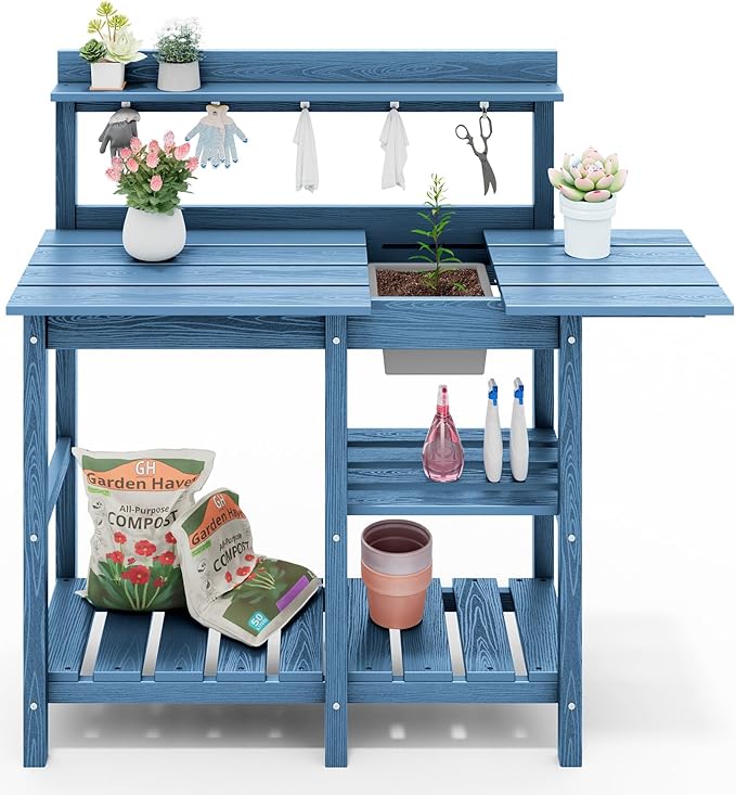 SERWALL Outdoor Potting Bench 2-Piece Set, Rot-Resistant HDPE Potting Table with Removable Sink for Outside Gardening, All-Weather Use - Blue