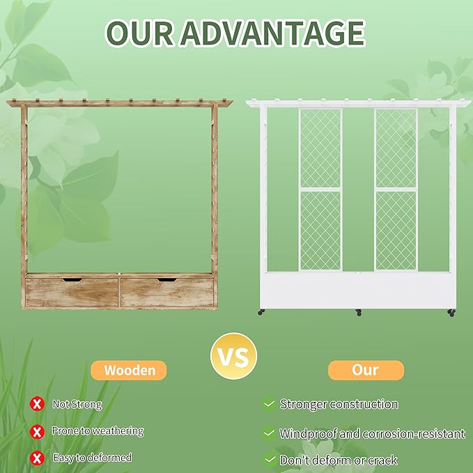 Raised Garden Bed with Trellis & Hanging Roof, Weatherproof Metal Planter Box with Wheels, Garden Arch Trellis for Outdoor Climbing Plants Vines Flowers, 74" H x 77" L x 17" W, White