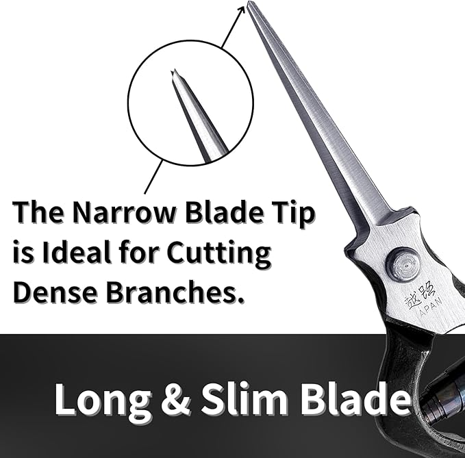 Professional Bonsai Trimming Scissors 7" [Extra Pointed Tips] Made in JAPAN, Plant Trimming Shears, Hand Forged Japanese Carbon Steel Blade, Spring Loaded Handle, Black