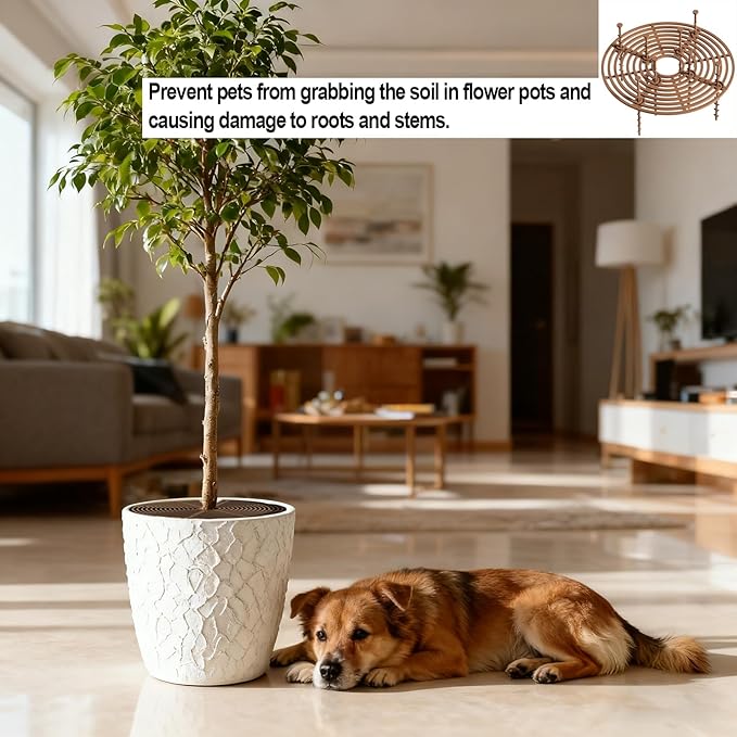 3 Pcs Plant Pot Cover, 11.8 Inch Plant Pot Grid with Stakes, Cuttable Plant Protector from Cats Digging Stopper, Flower Cover Soil Protectors for Indoor Outdoor(Brown)