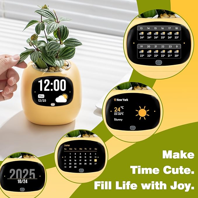 Smart Planter with App Control, Self-Watering AI Plant Pot with LCD Display, Interactive Desk Plant Companion for 100+ Plants, Smart Indoor Planter with Pomodoro Timer,80ml Reservoir,Calendar-Yellow