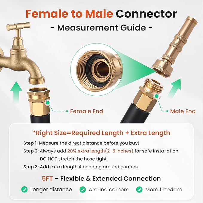 Cesun Metal Garden, Short Connector, Water Lead-in Hose Extension, Extremely Flexible, for Hose Reel/RV/Dehumidifier, Lightweight/Durable/Drinking Water Safe SS Female to Male, 5FT