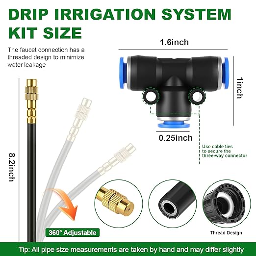 Drip Irrigation System, 50FT 1/4" Garden Watering for Outdoor Plants & Raised Beds, 15pcs Upgraded Brass Nozzles 360° Adjustable Misting Kit, UV-Resistant Tubing for Greenhouse, Lawn & Patio Cooling