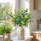 12" Artificial Sage Eucalyptus Stems Potted Plant - Realistic Small Fake Desk Plants for Office Home Decor, Faux Plants in Frosted Ceramic Vase for Indoor Spaces, Table Decor（7 pcs）