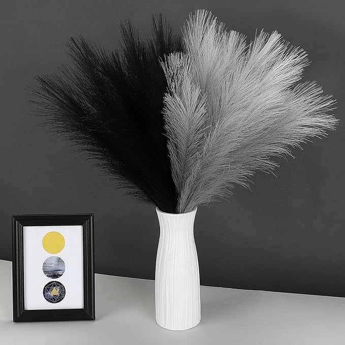 SeptCat 60 Pcs Pampas Grass Black and Light Grey Decor 21.7" Fluffy Faux Short Pampas Grass Artificial Small Pompas Grass Flower Vase Filler for Home Wedding Decoration