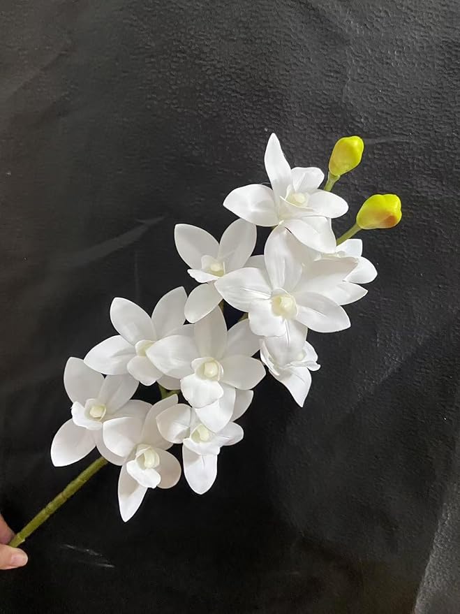 4pcs White Artificial Orchids 10 Heads Fake Cymbidium Orchids with Realistic Touch, Lifelike Flowers for Wedding Centerpieces Home Decor Living Room Bathroom Office Vase Arrangements (pure white)
