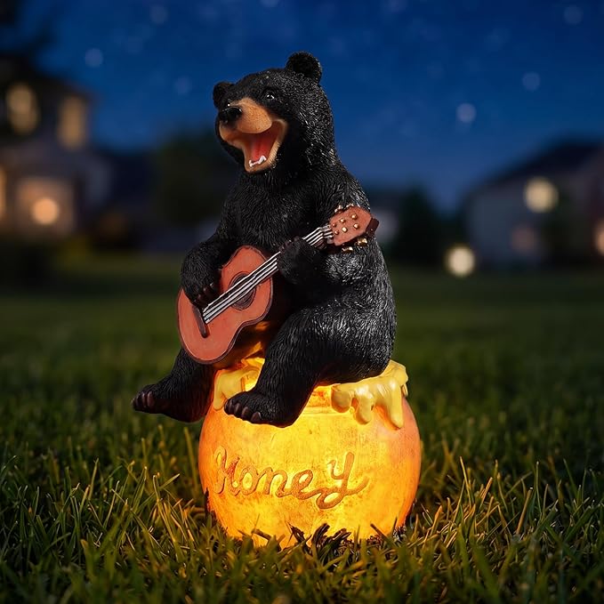 PETAFLOP Solar Garden Statues Bear Decor, Bear Figurines with Glowing Honey Jar for Patio Balcony Lawn Yard Decorations, Outdoor Birthday Housewarming Gifts for Women, Mom