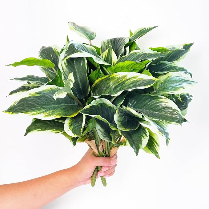 6PCS Artificial Tropical Green Plants – 15.75" Fake Hostas Outdoor Artificial Plants, UV Resistant, Faux Green Leaf Stems for Porch, Patio, Balcony, Garden Planter or Indoor Décor