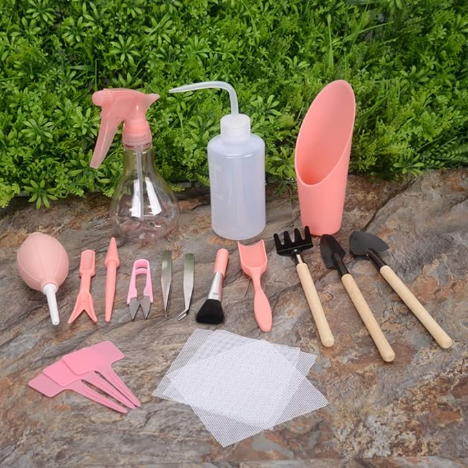 Tools, 16pcs/Set Mini Gardening Tool Set Transplanting Tool Garden Kit Transplanting Tools for Indoor Garden Plant Care(Pink), Gardening