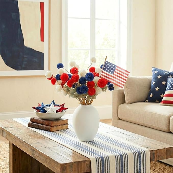 Red White and Blue Artificial Flower Arrangement 12 Stems with American Flag, 4th of July Table Decorations Centerpiece for Patriotic Home Decor, Independence Day Party, Memorial Day Decor