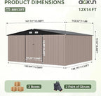 Aoxun 14x12 FT Large Outdoor Storage Shed, Galvanized Metal Shed with 2 Lockable Tall Doors & Sloped Roof, Heavy Duty Utility Tool Storage House for Patio, Garden, Backyard, Lawn (Brown)