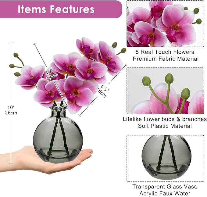 Oairse Pink Orchids Artificial Flowers Faux Orchid Arrangement with Black Glass Vase Set of 2 Real Touch Phalaenopsis Orchid Flowers Orchid Centerpiece for Dining Room Table