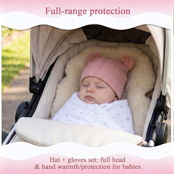 4 Pack Newborn Girl Hats and No Scratch Mittens Set 0-3 Months | 3D Bear Ear Baby Beanies for Newborn Girls Soft Cotton Infant Hat Mitten Pack (White Pink Khaki Brown)