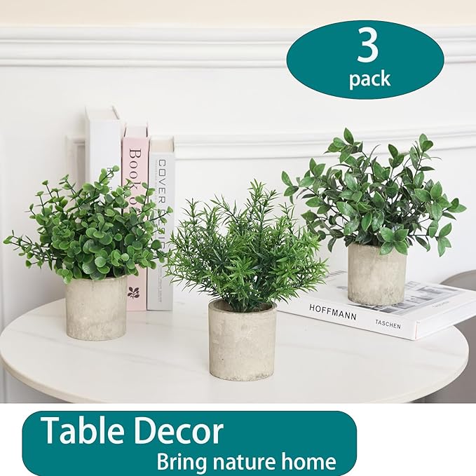 3 Pack Fake Plants Artificial Potted Eucalyptus 7.9 inch Lifelike Small Faux Topiaries Perfect for Home Office Desk,Shelf Decor (Dark Green)
