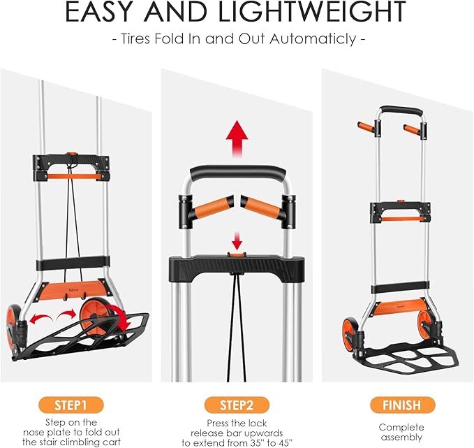 Teprovo Dolly Cart, 309 lb Aluminum Folding Hand Truck with Swivel Handle, Heavy Duty Utility Dolly Foldable Trolley with Elastic Cord, 7 Inch Wheels for Moving, Warehousing, Shopping and More