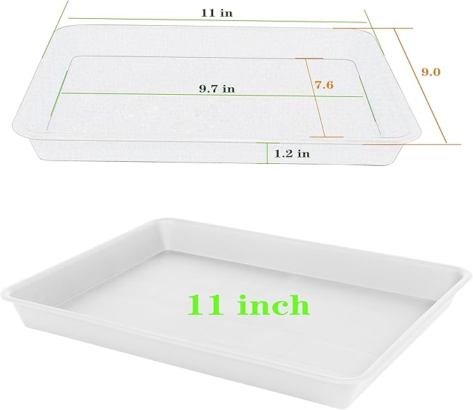 VUWEZ 4 Pack Plant Saucer Tray Rectangular, Plant Saucers for Indoors, Heavy Sturdy Plastic Plant Drainage Trays, Plant Drip Trays for Pots, Seed Starter Growing Tray (11 x 9, Creamy White)