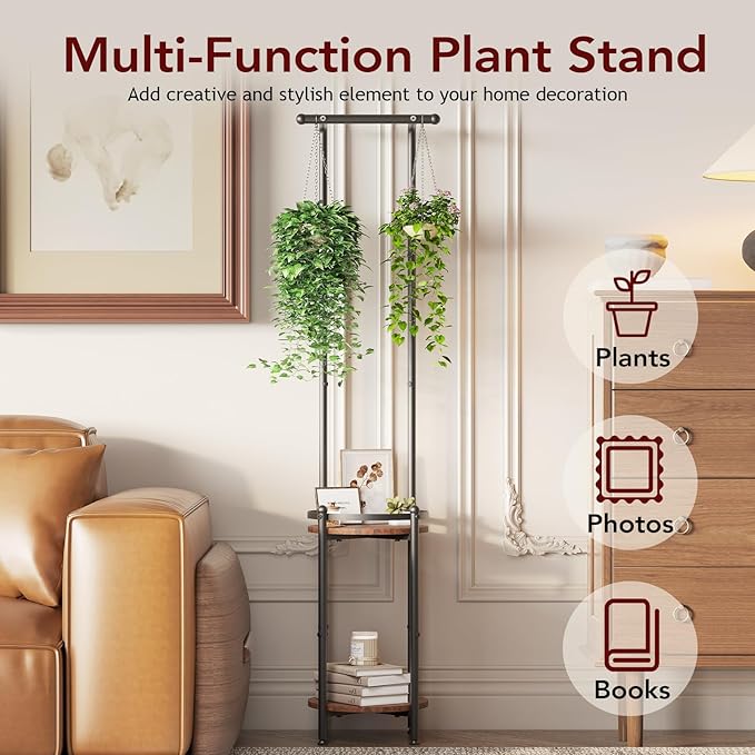 Homsorout Plant Stand Indoor Outdoor - Heavy Duty Metal 2-tier Hanging Plant Holder Space-Saving Iron Plant Stands Tall Plant Shelf for Living Room Garden Balcony（Rustic Brown and Black）
