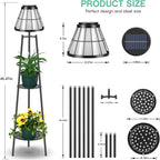 2 Pack Solar Floor Lamps Outdoor with 2-Tier Plant Stand, Metal Tall Planter Holder with Waterproof LED Lantern, Decorative Patio Light & Flower Pot Display Rack for Garden, Deck, Porch, Balcony