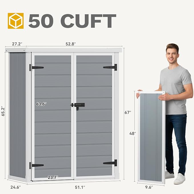 DWVO Outdoor Tall Storage Shed 50 Cuft with 2 Shelves, 4.3x2x5.5ft Vertical Tool Shed with Floor & Lockable Doors, Sturdy Double-Wall Plastic Cabinet for Garbage Cans and Garden Equipment