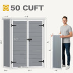 DWVO Outdoor Tall Storage Shed 50 Cuft with 2 Shelves, 4.3x2x5.5ft Vertical Tool Shed with Floor & Lockable Doors, Sturdy Double-Wall Plastic Cabinet for Garbage Cans and Garden Equipment
