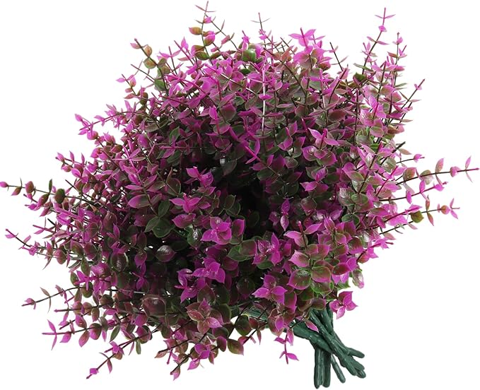 RECUTMS 12 Bundles Artificial Flowers Outdoor Faux Plastic Plants Artificial Eucalyptus UV Resistant Fake Plants Greenery Stems for Outside Spring Garden Porch Wedding Party Fireplace Décor(Fuchsia)