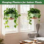 3-Piece Set of 10-Inch Hanging Planters with Automatic Watering System and Drip Tray, Includes Metal Chain, Suitable for Various Indoor and Outdoor Plants and Flowers, Green Brown